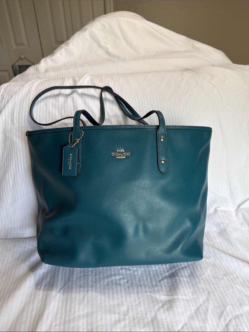Coach Teal Pebbled Leather City Tote with Gold Hardware